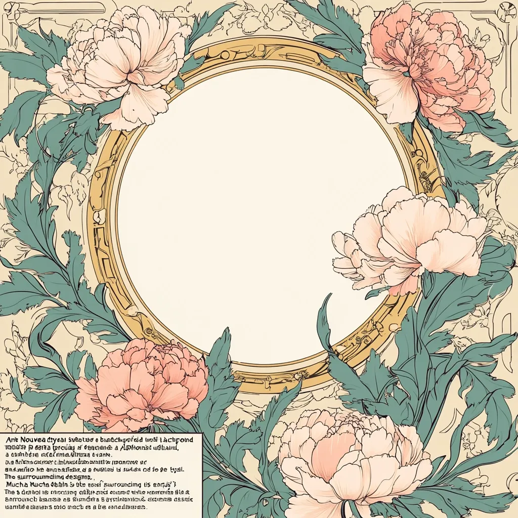Here's a description of the image:

The image showcases an Art Nouveau style design featuring a circular frame encircled by delicately rendered blush-pink peonies and stylized teal-green foliage. The flowers are intricately detailed, with soft shading and graceful petal arrangements. The frame itself has a gold-toned, ornate border with geometric and floral motifs.  The background is a pale beige, providing a subtle contrast to the floral elements. The overall style is elegant and reminiscent of vintage botanical illustrations or decorative book plates.  Text at the bottom appears to describe the image's artistic style and origin.