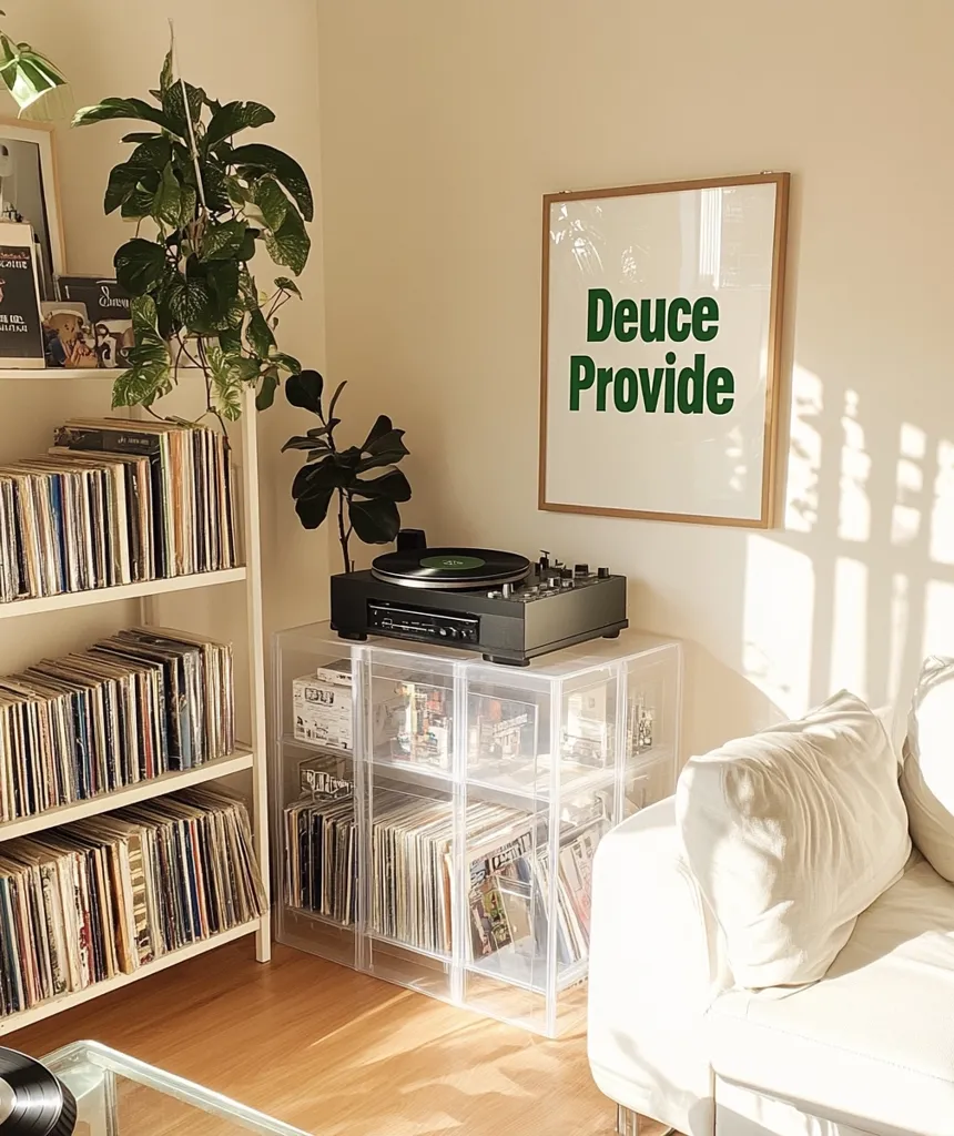 A sunlit corner features a record player atop a clear acrylic storage unit holding vinyl records.  A white shelf overflowing with more records stands nearby, flanked by a large potted plant.  A framed print with the words "Deuce Provide" in dark green hangs on the wall above the record player.  A white couch sits in the corner, bathed in sunlight. The overall aesthetic is minimalist and retro, with a focus on vinyl records and natural light.