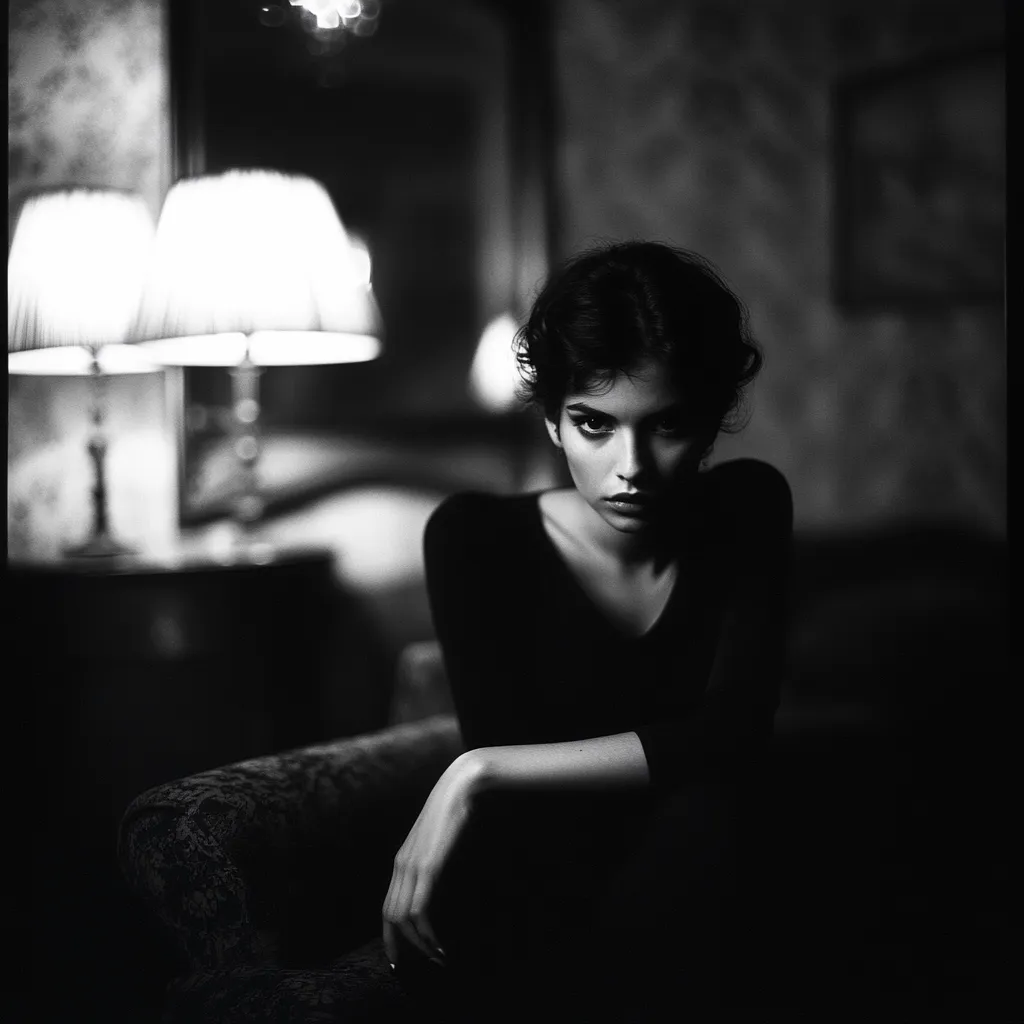 Here's a description of the image:

A black and white portrait showcases a young woman, her gaze directly engaging the viewer.  She's seated, her arms folded across her lap, dressed in a dark, simple top.  The background is dimly lit, featuring a shadowed room with antique lamps providing soft illumination, creating a moody atmosphere. The contrast between light and shadow enhances her facial features and adds depth to the scene, suggesting a feeling of intimacy and mystery.  The overall style is reminiscent of classic portrait photography.