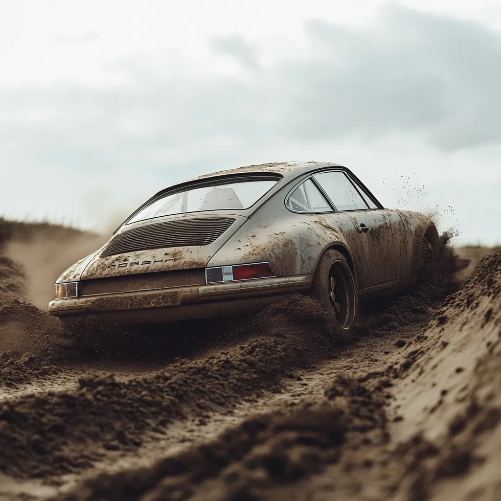 A classic Porsche 911, heavily coated in mud, powers through a sandy landscape.  The rear of the car is visible, showcasing its iconic design.  Dust and sand fly up around the wheels as it navigates the challenging terrain. The overcast sky provides a muted backdrop to the scene, emphasizing the car's determined movement through the dirt. The overall mood is one of rugged adventure and classic automotive resilience.