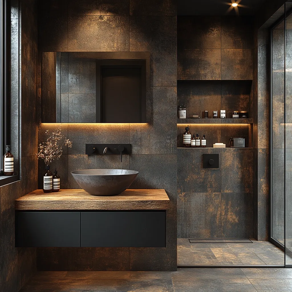 A modern, industrial-style bathroom features dark, textured tiles, a rustic wooden vanity, and sleek black fixtures.  A large, dark metal sink sits atop the vanity, complemented by minimalist faucets.  Built-in shelving units display toiletries, adding to the organized and stylish aesthetic. Warm lighting highlights the textures and creates a sophisticated ambiance.  A large mirror reflects the space, while a glass shower enclosure is partially visible in the background. The overall tone is dark, luxurious, and masculine.