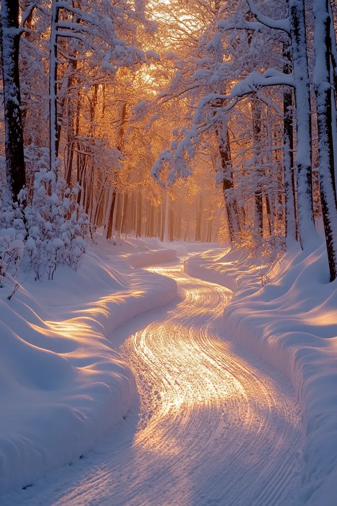 Here's a description of the image:

A sun-drenched winter wonderland unfolds. A snow-covered path, carved by tracks, winds through a dense forest of snow-laden trees. The setting sun casts a warm, golden light on the path, creating a magical, almost ethereal glow.  The snow is pristine and undisturbed except for the path, which meanders gently into the distance. The trees stand tall and frosted, their branches heavy with snow. The overall scene evokes a feeling of serene beauty and peaceful solitude.