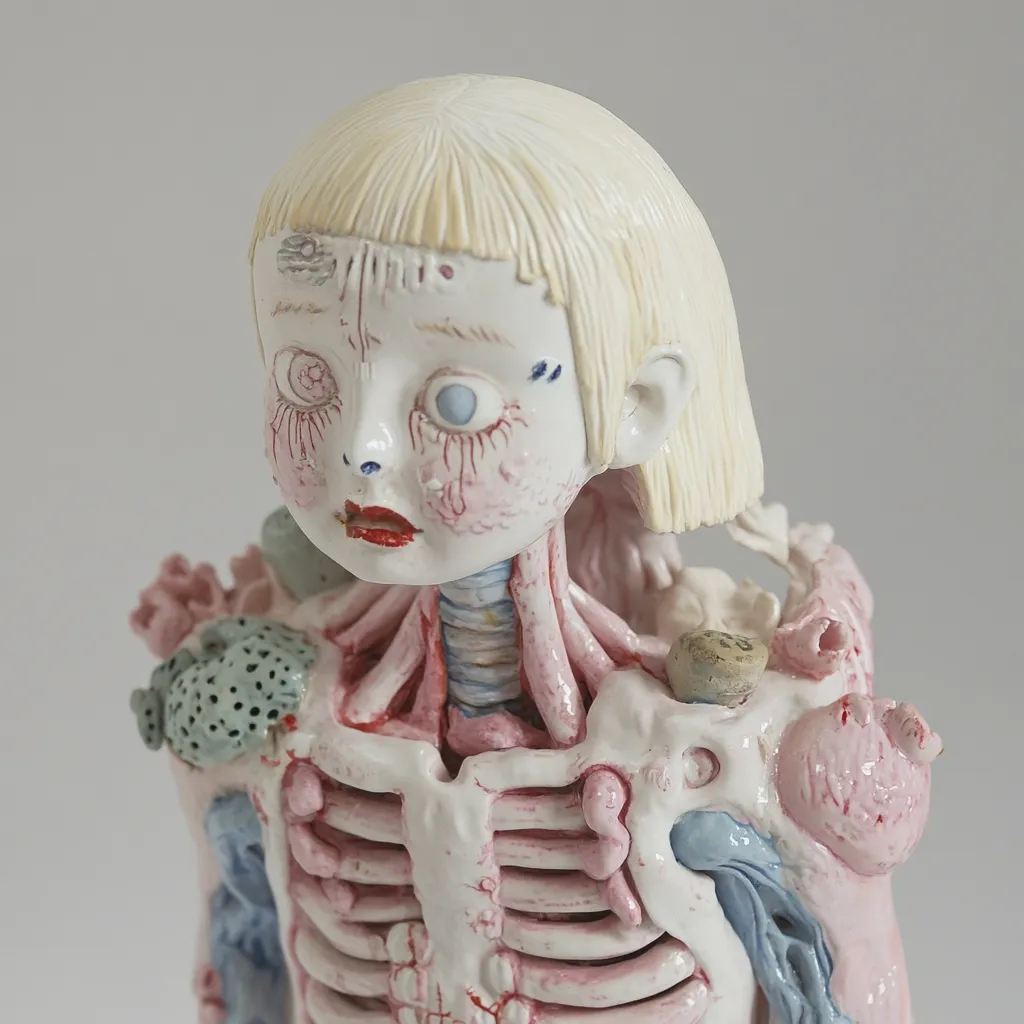Here's a description of the image:

The image shows a detailed close-up of a ceramic sculpture.  The sculpture depicts a young girl's torso, subtly unsettling in its anatomical accuracy. Her head is porcelain-like, with pale blonde hair, and her face features delicate, almost melancholic expressions. Her torso is revealed, showcasing a meticulously crafted internal skeletal and organ structure, rendered in pale pinks and blues.  Small, textured details adorn her skin and the internal organs, adding to the piece's intricate and slightly macabre aesthetic. The overall effect is both beautiful and unnerving.