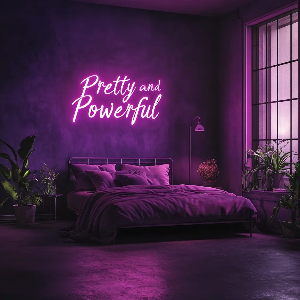 Here's a description of the image:

A dimly lit bedroom is bathed in vibrant purple hues, emanating from a neon sign above a bed that reads "Pretty and Powerful." The room features a metal-framed bed with deep purple bedding, complemented by potted plants and a floor lamp, all contributing to the room's moody aesthetic. A large window, partially visible, lets in soft light, casting a contrasting glow on the scene.  The overall atmosphere is stylish and self-assured, emphasizing the message of the neon sign.