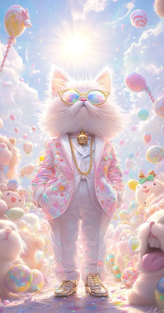 A fluffy white cat, sporting gold-rimmed sunglasses and a pastel pink suit adorned with candy-like embellishments, stands proudly in a whimsical, candy-colored wonderland.  Surrounded by adorable pastel bunnies and floating balloons, the scene is bathed in a soft, ethereal light. The cat's gold necklace and shoes complete the sophisticated yet playful look, creating a charming and fantastical image.