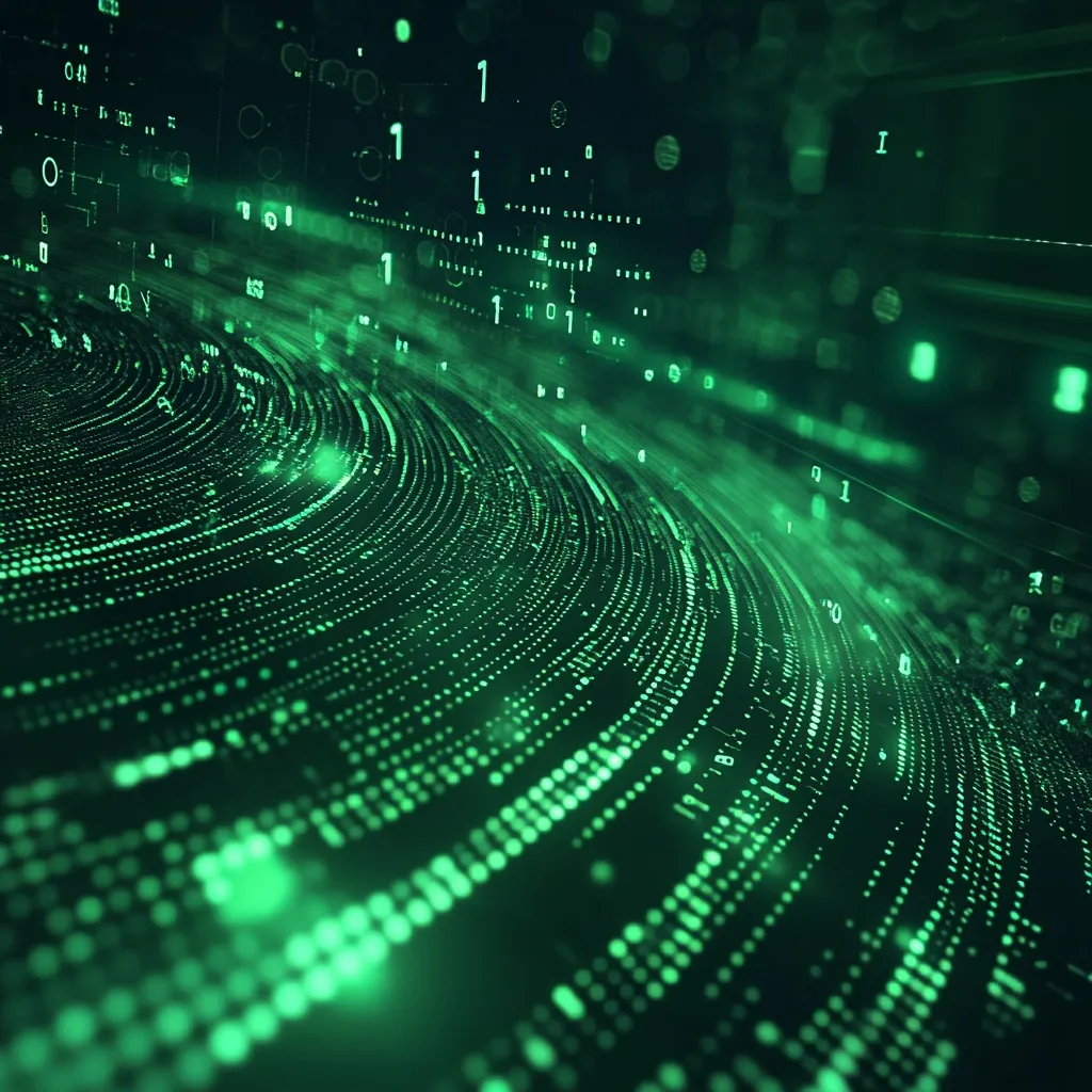 The image is an abstract representation of data flow.  Glowing green particles form curved lines resembling a digital stream, with binary code (1s and 0s) interspersed throughout.  The background is dark, enhancing the luminescence of the data.  The overall effect is one of speed, motion, and the vastness of digital information.  It evokes a sense of futuristic technology and the constant flow of data in the modern world.
