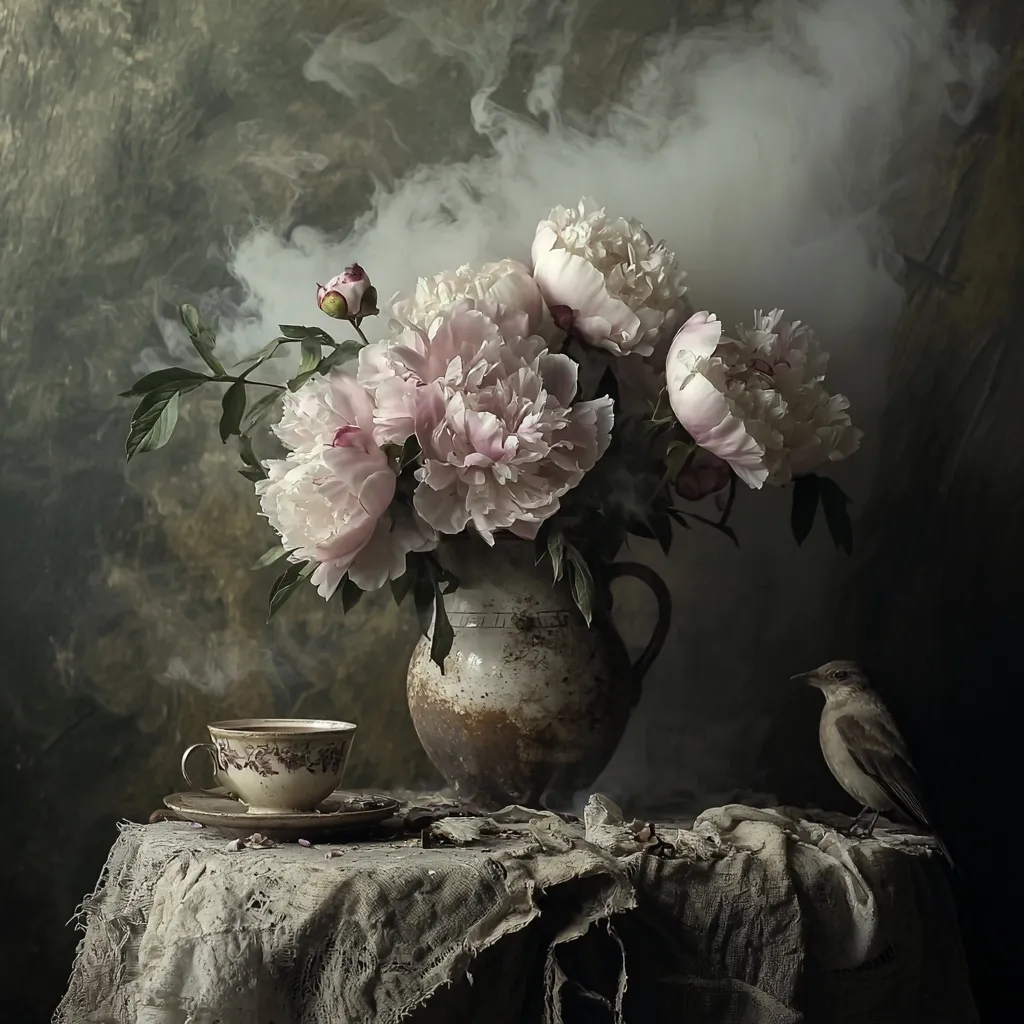 A still life composition evokes a sense of quietude.  A rustic, aged earthenware vase holds a bountiful bouquet of pale pink peonies, their petals softly illuminated amidst a smoky haze.  A delicate teacup and saucer rest on a worn tablecloth beside the vase.  A small bird perches on the table's edge, observing the scene. The muted tones and soft light create a melancholic yet beautiful atmosphere.  The overall impression is one of gentle decay and understated elegance.