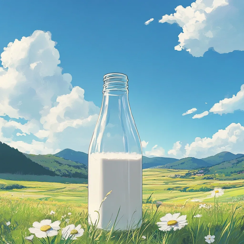Here's a description of the image:

A glass bottle of milk sits in a vibrant green field of wildflowers under a bright, sunny sky.  Fluffy white clouds drift across the azure blue. Rolling green hills and distant mountains form a picturesque backdrop. The scene is idyllic and evokes a sense of freshness and tranquility, suggesting the natural origins of the milk. The style is painterly and slightly stylized, with soft edges and a focus on conveying a peaceful atmosphere.