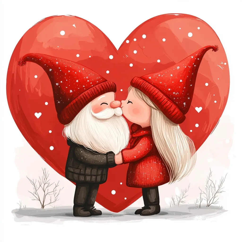 A charming illustration depicts a male and female gnome sharing a tender kiss.  They are dressed in matching red knit hats and winter attire, their hands clasped together.  They stand before a large, red heart-shaped backdrop sprinkled with snowflakes and tiny hearts, evoking a romantic and whimsical winter scene. The gnomes' expressions are sweet and loving, creating a heartwarming image.
