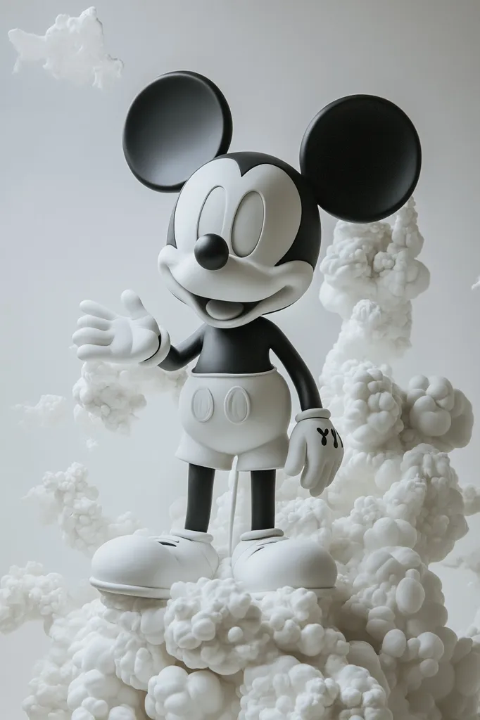Here's a description of the image:

A stylized, monochromatic Mickey Mouse figurine stands atop a cloud-like, textured base.  Mickey is rendered in shades of black and white, with his signature large ears, gloves, and shorts. His pose is welcoming, one hand outstretched. The background is a soft, light gray, contrasting with the bolder figure and the stark white of the base, which resembles a fluffy, smoke-like formation. The overall impression is one of whimsical sophistication, blending classic character design with a modern, artistic presentation.
