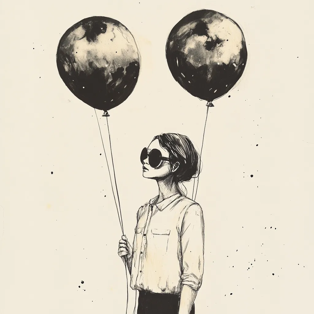 Here's a description of the image:

The ink drawing depicts a young woman, stylishly dressed in a collared shirt and dark bottoms, holding two large, dark balloons. The balloons resemble planets, their surfaces textured with swirling dark marks against a lighter background.  She wears oversized sunglasses and gazes upwards, a pensive expression on her face. The background is a light beige, speckled with small ink dots, suggesting a starry sky or a sense of cosmic wonder. The overall style is minimalist and evocative, hinting at themes of dreams, escape, or introspection.