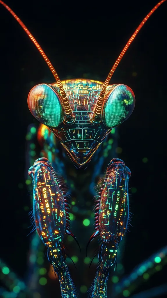 Here's a description of the image:

The image is a close-up shot of a praying mantis, artistically rendered to appear bioluminescent and cybernetic.  Its exoskeleton glows with vibrant teal, orange, and red hues, intricately detailed with patterns resembling circuit boards. The mantis's large, multifaceted eyes shine with an ethereal green light. The background is dark, allowing the mantis's luminescence to stand out, with a few blurry bokeh lights suggesting an out-of-focus environment.  The overall effect is a striking blend of nature and technology.