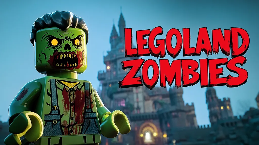 The image features a Lego minifigure zombie in the foreground.  The zombie is green, with blood splatters on its clothing, and glowing yellow eyes.  Behind the zombie, the title "LEGOLAND ZOMBIES" is prominently displayed in red, block letters.  A blurry background depicts a dark, gothic-style Lego castle, setting a spooky atmosphere. The overall image is promotional, suggesting a Legoland-themed zombie game or event.