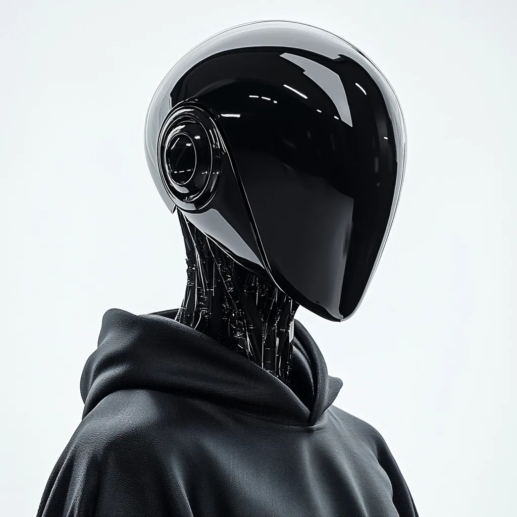 The image shows a close-up of a sleek, black humanoid robot.  Its head is a polished, helmet-like design with a visible circular component on the side. The neck is exposed, revealing intricate, dark mechanical tubing. The robot is dressed in a simple, dark hooded sweatshirt, creating a stark contrast between the organic fabric and the metallic body. The overall aesthetic is futuristic and minimalist, set against a bright white background.