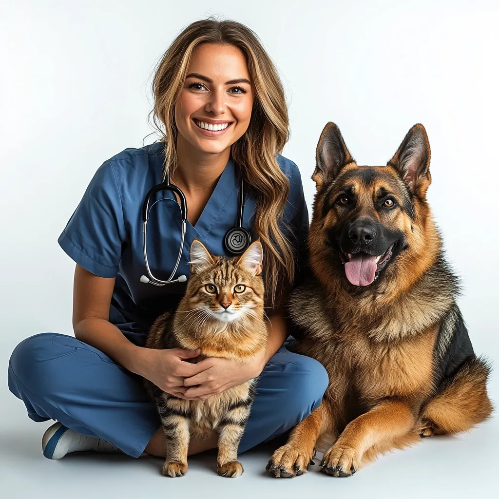A smiling female veterinarian, wearing blue scrubs and a stethoscope, sits cross-legged on a white background.  She gently holds a long-haired tabby cat on her lap. A German Shepherd dog lies beside them, also looking at the camera.  The image conveys a sense of care and trust between the veterinarian and her animal patients. The overall mood is warm and friendly.