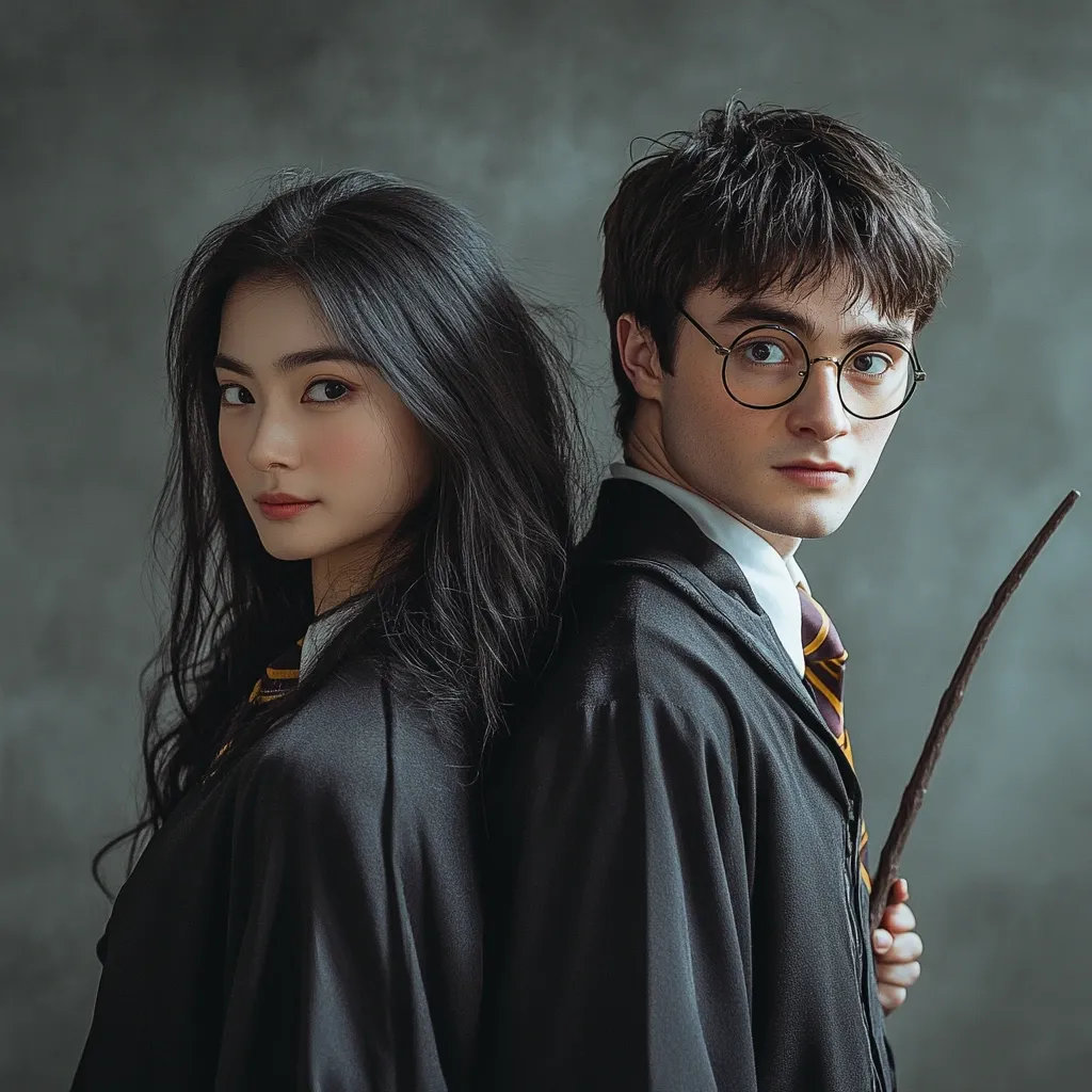 Close-up view of a young woman and man, styled to resemble characters from the Harry Potter universe.  The woman, with long dark hair, stands slightly behind the man, who is holding a wand. Both are wearing dark robes with Gryffindor-style ties. He wears round glasses and has short dark hair.  The background is a muted gray, providing a neutral contrast to their attire. The overall mood is mysterious and dramatic.