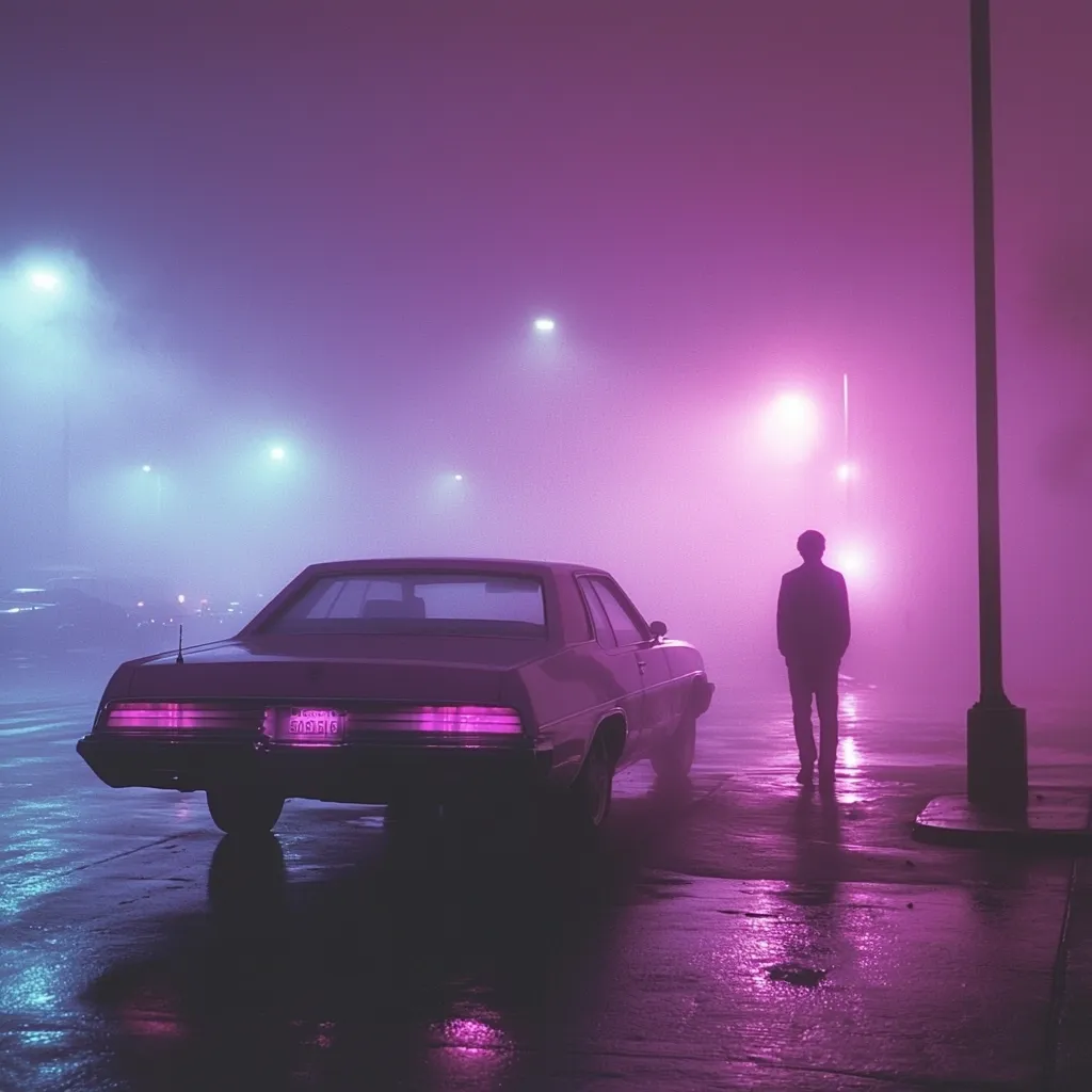 A vintage car sits parked in a dimly lit, fog-shrouded street bathed in purplish-pink neon light.  A lone, silhouetted figure stands nearby, their back to the viewer, creating a melancholic and atmospheric scene.  The wet pavement reflects the neon glow, adding to the mysterious and somewhat cinematic ambiance. The overall feeling is one of solitude and retro-futuristic style.