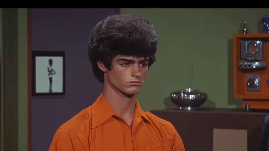 Here's a description of the image:

The image shows a young man with a distinctive dark, bouffant hairstyle, wearing an orange collared shirt.  His expression is serious and somewhat sullen. He appears to be in a room with muted, 1970s-style decor, including an orange entertainment unit, a metallic bowl on a dark brown surface, and a framed picture on the wall depicting a stylized female figure. The overall color palette is muted oranges, browns, and greens. The scene suggests a still from a film or television show, potentially a dramatic or comedic one.