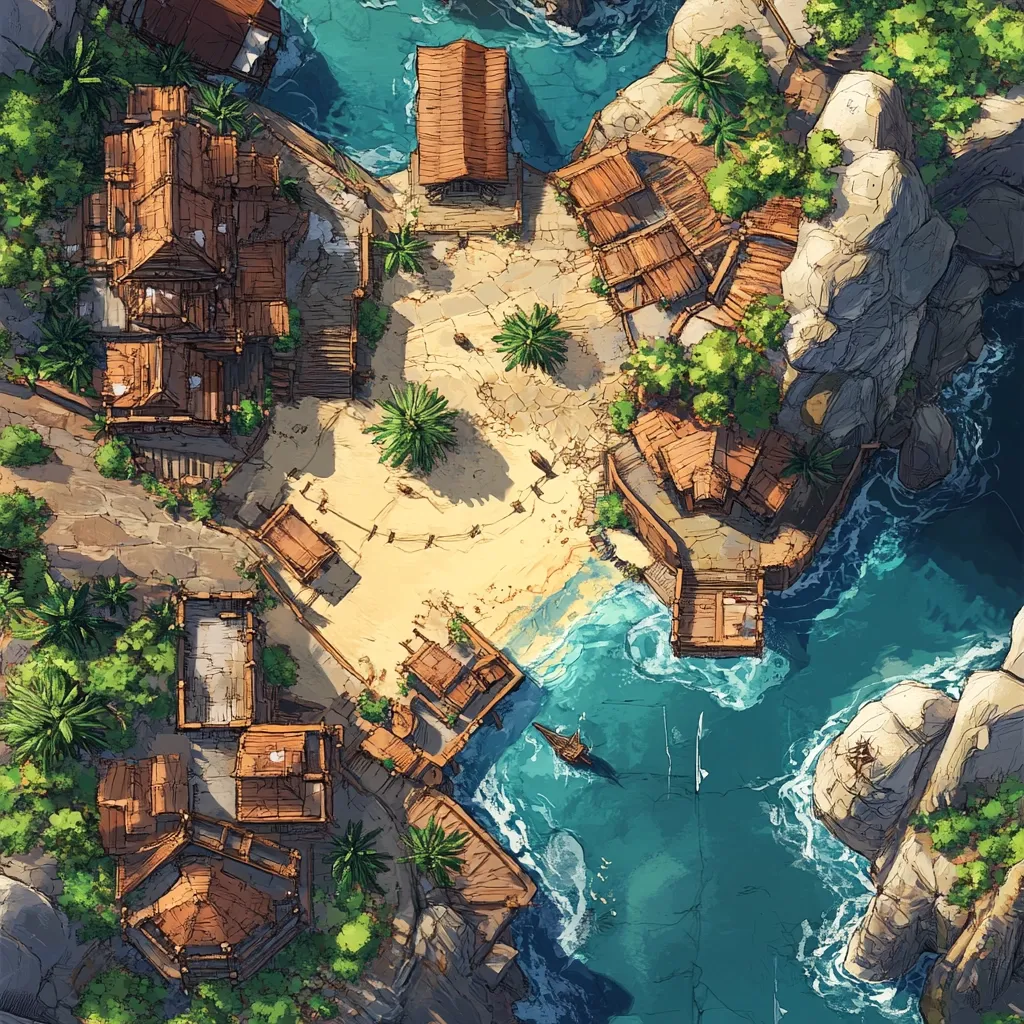 Here's a description of the image:

The image is a bird's-eye view illustration of a small, rustic coastal village nestled between rocky cliffs.  Wooden buildings with brown roofs cluster around a sandy beach, which is partially enclosed by a small cove of turquoise water.  Palm trees dot the landscape, providing a tropical feel. A small sailing ship is visible in the cove. The overall style is reminiscent of a fantasy map or game board, with a hand-drawn, slightly whimsical aesthetic. The buildings appear weathered and simple, suggesting a secluded, possibly pirate-infested, location.