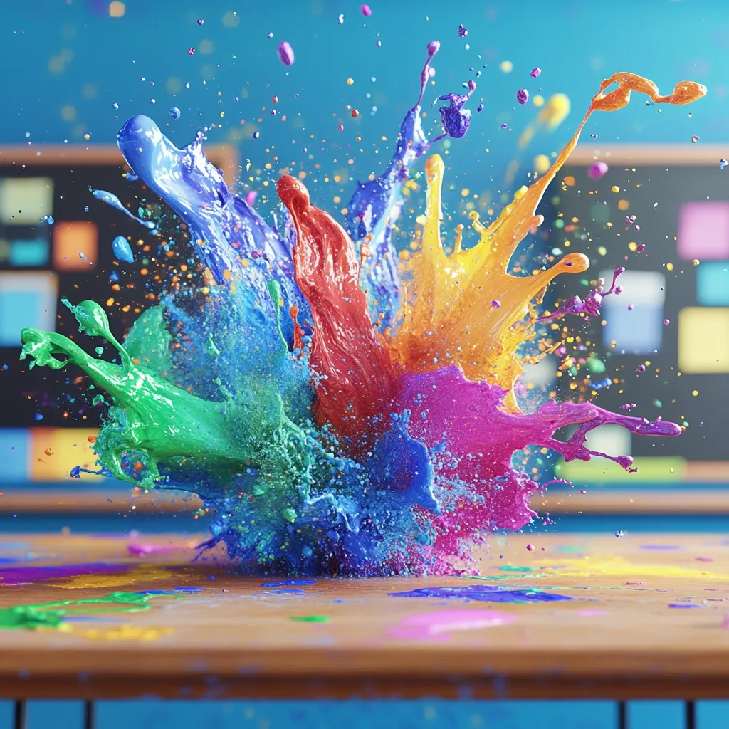 A vibrant explosion of multicolored paint dominates the image.  Red, orange, yellow, green, blue, and pink splashes erupt from a central point, creating a dynamic, starburst effect.  Smaller droplets scatter across a wooden surface below, which is partially covered in the spilled paint. The background features a blurred chalkboard with colorful sticky notes, adding to the overall sense of creative energy and playful chaos.  The scene is brightly lit, highlighting the glossy texture of the wet paint.