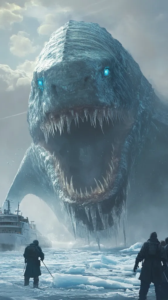 A colossal, icy creature, reminiscent of a monstrous reptile, dominates the scene. Its gaping maw, lined with sharp, icicle-like teeth, looms over a frozen expanse of water.  Two figures, dwarfed by the beast, stand on the ice, appearing apprehensive. A ship in the background adds to the sense of scale and impending danger, emphasizing the creature's overwhelming size and potential threat.  The overall atmosphere is one of icy dread and impending doom.