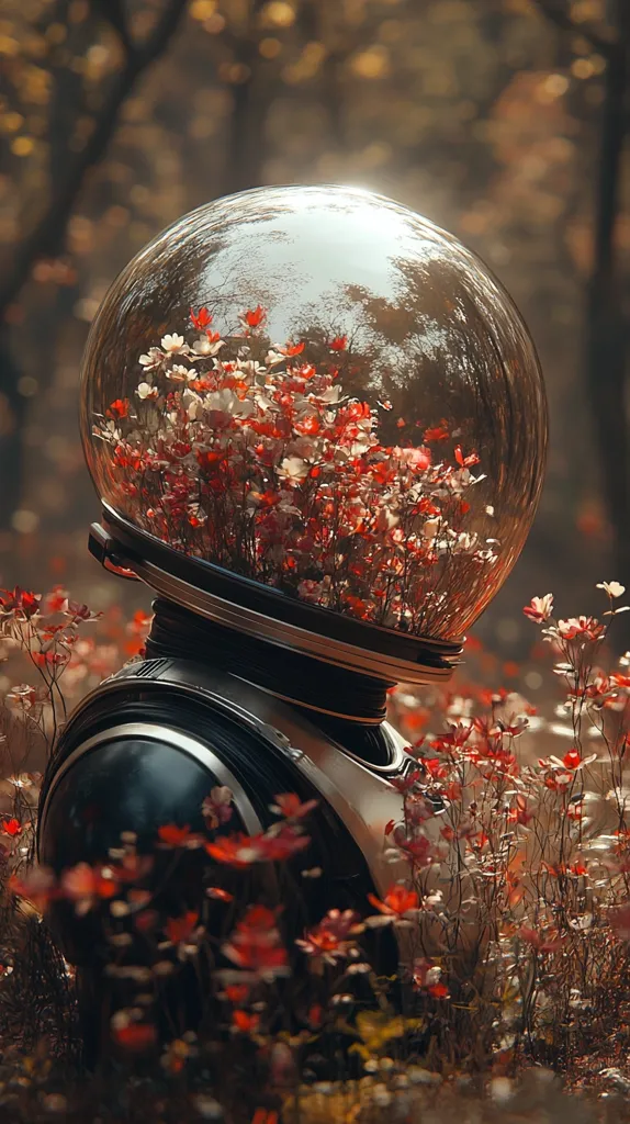 A digital artwork depicts a helmet-like object, possibly a robot or astronaut's head, partially submerged in a field of reddish-orange wildflowers.  A clear, spherical dome atop the object is filled with a similar bouquet of delicate white and red flowers, creating a contrast between the mechanical and natural elements. The background is a softly focused autumnal forest, bathed in warm, diffused light. The overall mood is serene and slightly melancholic, suggesting a blend of technology and nature.