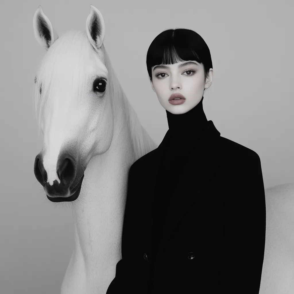 A black and white photograph depicts a young woman with dark blunt bangs and a turtleneck, standing beside a white horse. The woman's expression is serious and her gaze is direct. The horse's head is close to the woman's shoulder, and its features are sharply defined. The background is a neutral gray, emphasizing the contrast between the dark clothing, the white horse, and the woman's pale skin. The overall mood is sophisticated and slightly melancholic.