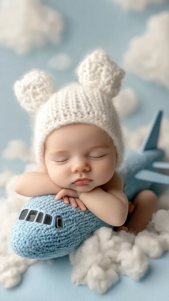 A sleeping baby, wearing a white knitted bear-eared hat, rests peacefully on a light blue knitted airplane prop.  The scene is set against a backdrop of fluffy white clouds, creating a dreamy, whimsical atmosphere. The baby's arms are folded gently under its chin, and its eyes are closed. The overall image is soft, sweet, and evokes a sense of calm and tranquility.