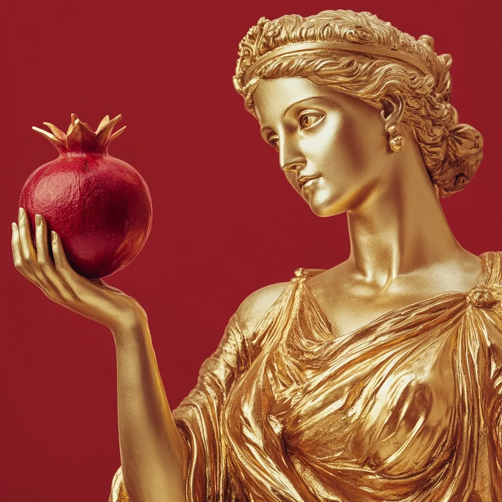 Close-up view of a gilded statue of a woman, possibly a goddess, against a deep red background.  She wears a crown and draped gown, characteristic of classical sculpture.  Her expression is serene.  In her delicately rendered hand, she holds a ripe, red pomegranate, suggesting themes of fertility, abundance, or mythology.  The gold finish is highly polished, creating a striking contrast against the matte red backdrop.