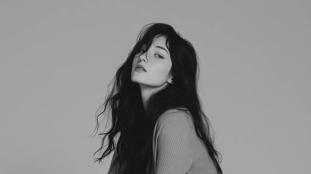 Here is a description of the image:

The black and white photograph features a young woman with long, wavy dark hair that falls past her shoulders.  She is looking over her shoulder at the viewer, her expression is serious and somewhat pensive.  Her hair partially obscures her face, adding to the mysterious feel. She is wearing a simple, textured sweater. The background is a plain, light gray, which keeps the focus solely on the subject. The overall mood of the image is moody and stylish.