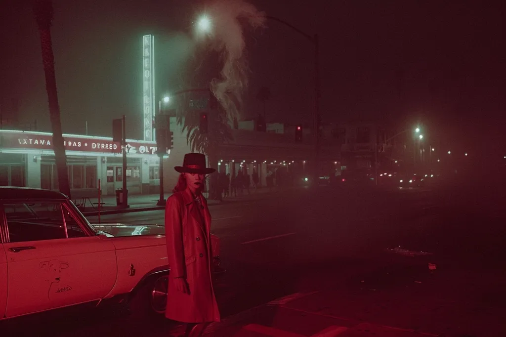 A person in a red coat and hat stands on a foggy street at night.  A vintage car is parked nearby.  Neon signs illuminate a building in the background, adding to the atmospheric, almost cinematic, scene.  The overall color palette is a deep red, enhancing the moody ambiance of the nighttime setting. The fog obscures the background, focusing attention on the central figure.