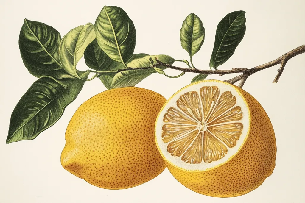 Here's a description of the image:

A botanical illustration showcases two lemons on a branch, one whole and one halved.  The whole lemon is a rich yellow, textured with tiny dots, and sits beside a cross-section revealing its segmented interior.  Lush, dark green leaves sprout from the branch, contrasting beautifully with the vibrant yellow of the fruit. The style is reminiscent of antique nature prints, with precise detail and rich colors. The background is a simple, off-white, allowing the lemons and leaves to take center stage.