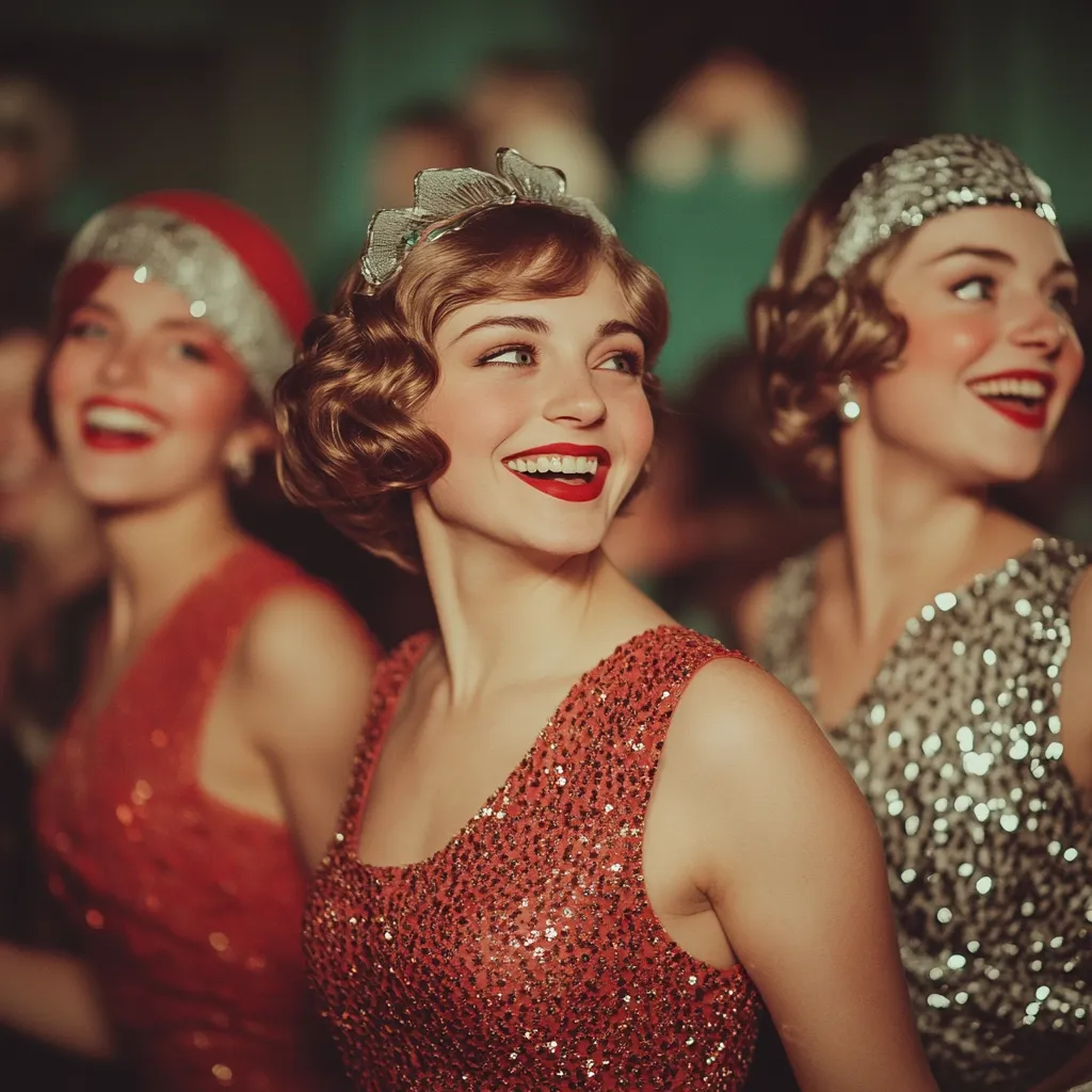 Three young women, styled in the fashion of the 1920s, smile radiantly.  The central figure, adorned with a jeweled headband and a coral sequined flapper dress, is the focal point.  Her companions wear similar headbands and shimmering dresses, one in a darker red, the other in silver.  The image evokes a sense of glamour and celebration, possibly at a dance or party.  Their short, wavy hairstyles and expressive smiles perfectly capture the exuberance of the era.