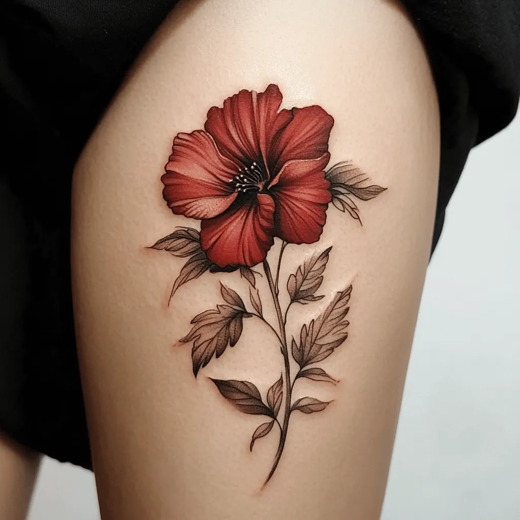 A close-up shot reveals a delicate tattoo on a person's thigh. The tattoo is a stylized, dark red poppy flower with detailed, dark gray-brown leaves and stem.  The flower is rendered with a realistic shading technique, giving it a three-dimensional appearance. The tattoo is situated on fair skin, and a faint scar is visible near the stem. The overall aesthetic is elegant and slightly gothic.