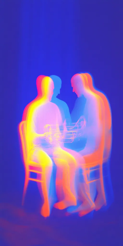 Here's a description of the image:

The image showcases two translucent figures, seemingly men, seated side-by-side on simple chairs against a vibrant blue backdrop.  Their forms are rendered in a striking blend of warm and cool colors, primarily yellows, oranges, and blues, creating a spectral, almost ethereal effect.  The figures appear superimposed, with multiple layers of their forms slightly offset, suggesting movement or a blurring of time. The overall style is abstract and suggestive of a dreamlike or surreal scene.  A musical instrument, possibly a trumpet or similar brass instrument, is vaguely visible between them, further enhancing the mysterious, artistic impression.