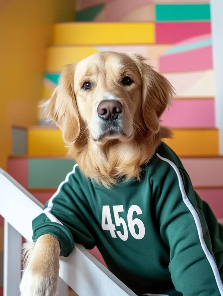 Here's a description of the image:

A Golden Retriever dog, sporting a dark green sweatshirt with the number "456" prominently displayed in white, is the focal point of the image.  The dog is positioned near a brightly colored staircase, with hues of yellow, pink, and teal creating a vibrant backdrop. The dog looks directly at the camera, its expression calm and engaging. The sweatshirt's design includes white stripes along the sleeves, adding a sporty touch. The overall mood is cheerful and playful.