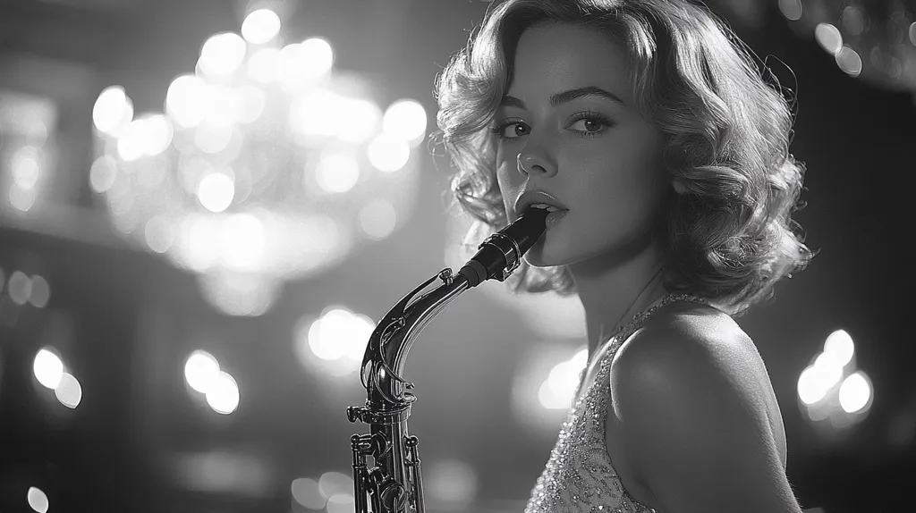 Here's a description of the image:

A black and white, close-up portrait captures a glamorous woman with short, wavy blonde hair, styled in a classic Hollywood fashion. She holds a saxophone to her lips, her gaze directed towards the viewer, creating a sultry and confident expression. The background is softly blurred, showing a glittering, out-of-focus backdrop suggestive of a dimly lit nightclub or concert hall with large, sparkling chandeliers.  The overall mood is elegant, sophisticated, and evocative of a vintage jazz age aesthetic.