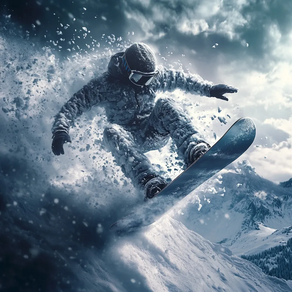 A snowboarder, heavily coated in snow, executes a dynamic maneuver amidst a blizzard.  The intense action is captured in a dramatic, high-angle shot. Snow sprays in all directions as the snowboarder carves down a steep, snow-covered mountain slope under a brooding, gray sky.  The image conveys a sense of speed, power, and the thrill of extreme winter sports.