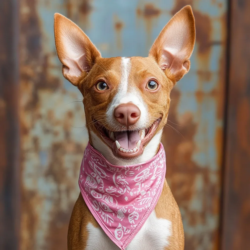 Here's a description of the image:

Close-up view of a happy, small dog with large, pointed ears.  The dog's fur is a light brown and white, with a predominantly brown head and a white chest. It's wearing a pink bandana with a light-colored pattern. The dog has a wide, open mouth revealing its teeth in a joyful expression. The background is a blurred, rusty metal surface with varying shades of blue and brown. The focus is sharply on the dog, making it stand out against the textured backdrop. The overall impression is one of cheerful playfulness.
