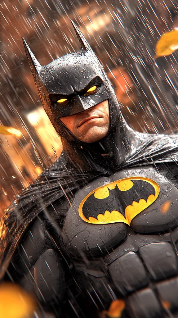 Here's a description of the image:

The image is a close-up of a stylized Batman, depicted in a realistic yet somewhat exaggerated manner. He stands in heavy rain, water droplets clinging to his dark, textured suit. His cowl is detailed, with glowing yellow eyes visible beneath. The iconic bat symbol on his chest is prominently displayed in a bright yellow against the dark suit. Autumn leaves fall around him, adding to the atmospheric mood. The overall tone is dark and dramatic, emphasizing the superhero's brooding nature.  The rain creates a sense of movement and atmosphere.