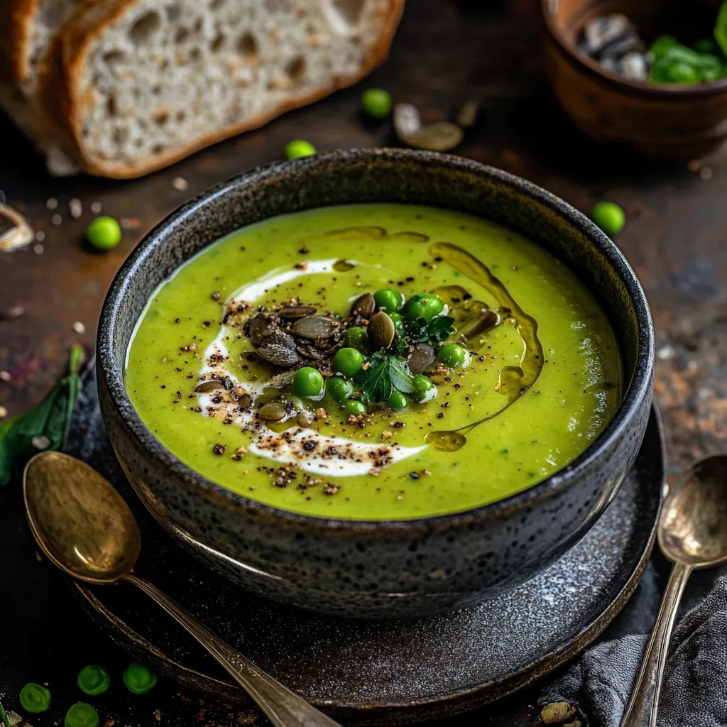 Here's a description of the image:

A close-up shot showcases a bowl of vibrant green pea soup, garnished with a swirl of cream, pumpkin seeds, cracked black pepper, and fresh parsley.  A drizzle of olive oil adds a sheen to the surface.  A few whole peas are scattered on top. The soup is served in a dark gray speckled bowl, which rests on a matching plate.  In the background, a slice of crusty bread and scattered peas suggest a rustic, home-cooked meal. Two antique-looking spoons are subtly placed in the foreground, enhancing the image's overall warm and inviting ambiance.