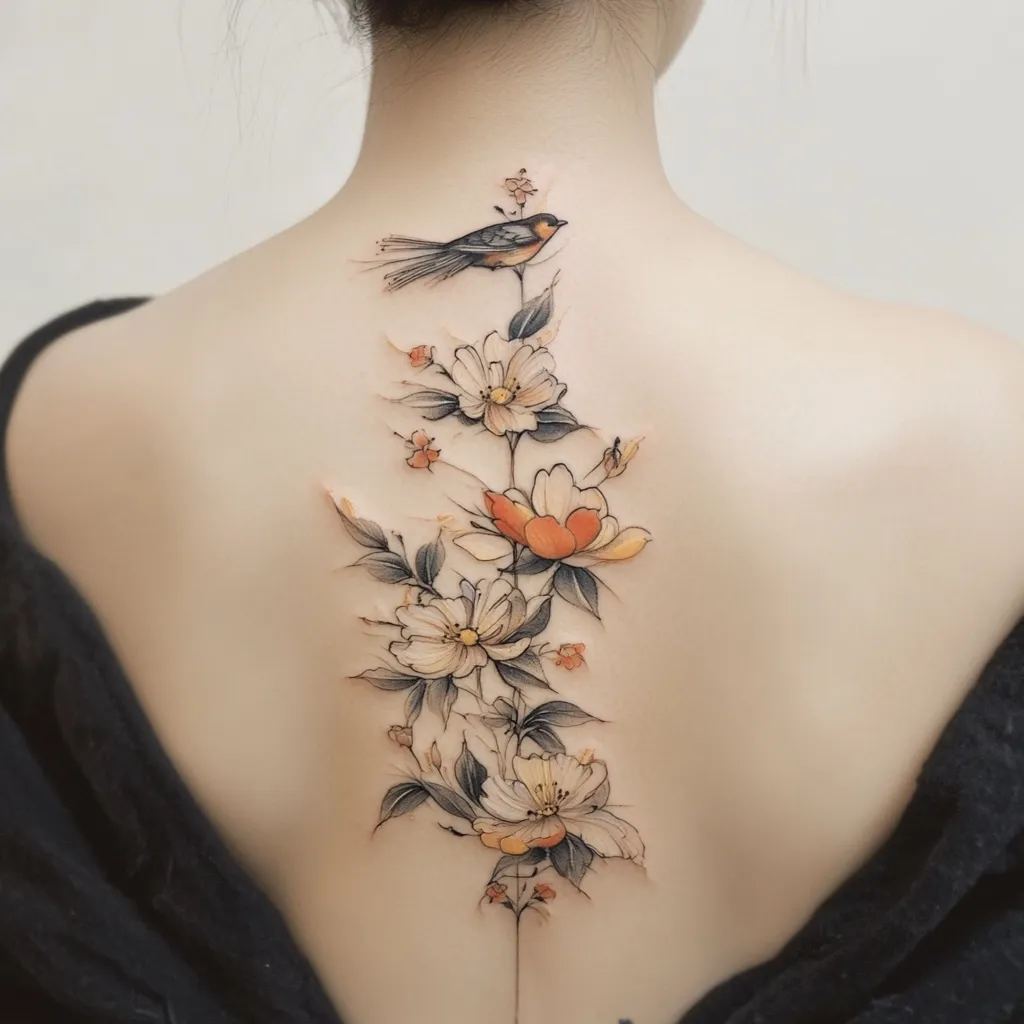 Here's a description of the image:

The image shows a woman's back featuring a delicate and elegant tattoo.  The tattoo is a vertical arrangement of flowers and a small bird.  The floral design is done in a watercolor style, with soft peach, cream, and white blossoms.  The leaves are rendered in muted grey-green, and a small, dark bird perches near the top of the floral stem. The tattoo extends from the upper back down towards the lower spine, creating a graceful, flowing line. The style is minimalist and artistic.