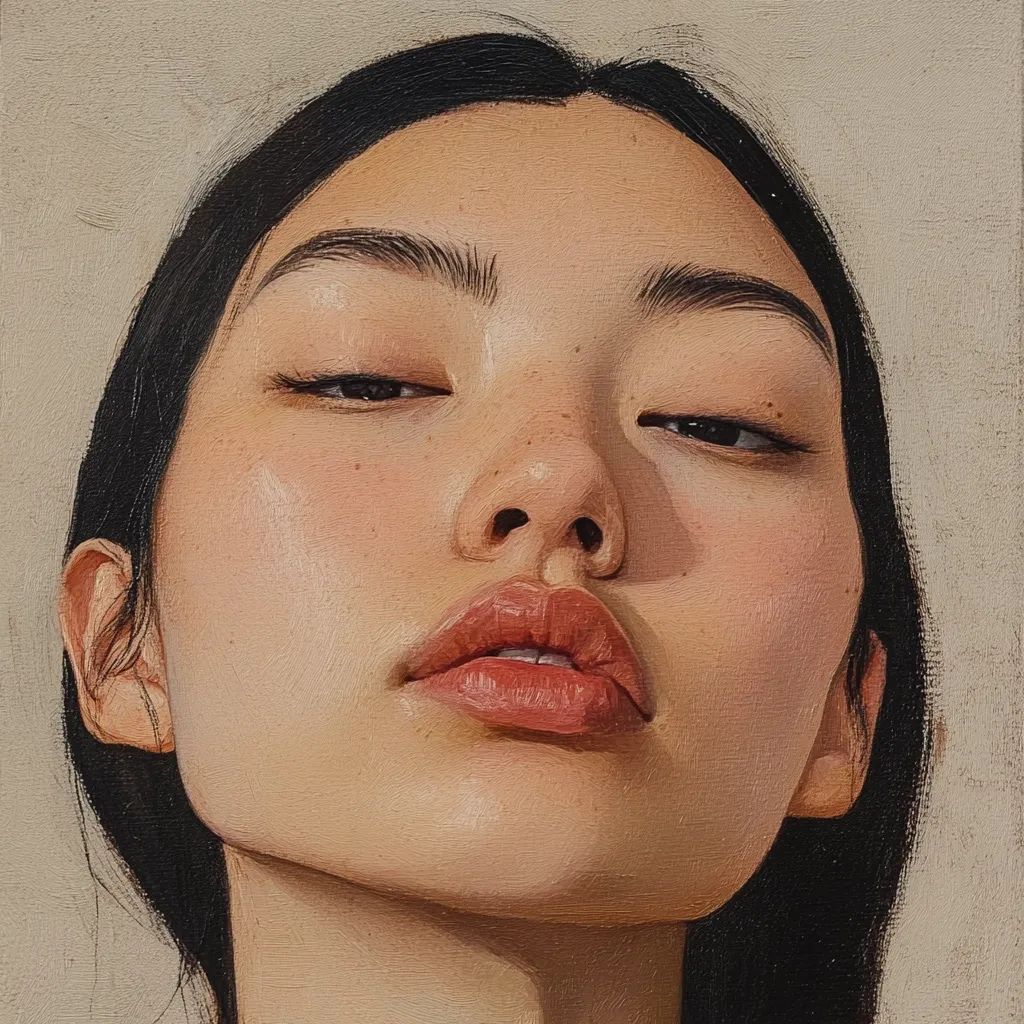 Here's a description of the image:

The painting is a close-up portrait of a young woman with dark hair, her face taking up most of the frame. Her expression is serene, almost pensive, with her eyes slightly closed.  The artist has captured subtle details:  freckles are visible on her skin, and the painting skillfully renders the soft texture of her skin and hair.  The muted color palette, dominated by warm beige and peach tones, enhances the overall feeling of calm. The style is hyperrealistic, showcasing a masterful command of oil painting techniques to achieve a lifelike effect.