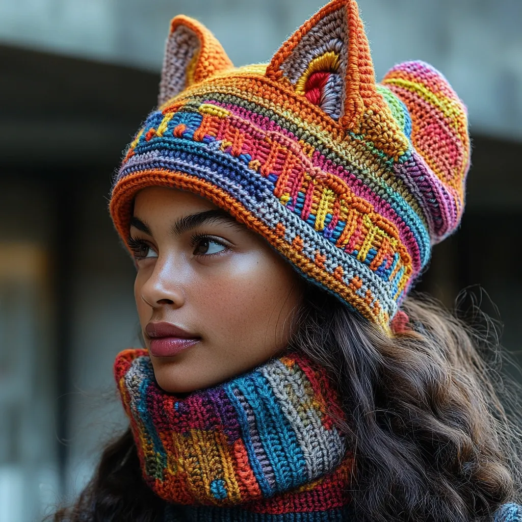 A young woman with long, dark, wavy hair wears a vibrant, multicolored crocheted beanie hat.  The hat features whimsical cat ears and is predominantly orange, with streaks of pink, purple, blue, and gray.  She also sports a matching crocheted neck warmer in the same bright, varied colors.  Her expression is serene, looking off to the side. The overall image is warm and stylish, highlighting the texture and color of the handmade knitwear.