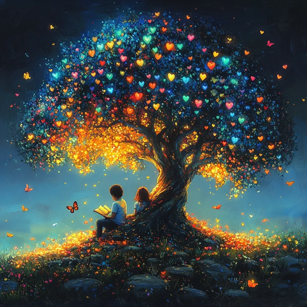 A whimsical digital painting depicts a boy and girl seated beneath a large tree.  The tree's leaves are vibrant, glowing hearts in various colors, creating a magical ambiance.  Butterflies flutter around them in the twilight sky.  The children are engrossed in a book, bathed in the warm, enchanting light emanating from the heart-shaped leaves.  The scene evokes a sense of peace, love, and childhood wonder.