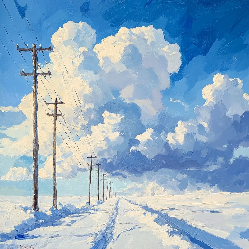 A vibrant landscape painting depicts a snow-covered road receding into the distance under a dramatic sky.  A series of utility poles line the road, their wires stretching towards a vast expanse of fluffy white and blue clouds, which dominate the upper two-thirds of the painting. The snow is textured, showing tire tracks and drifts. The overall impression is one of serene winter beauty and expansive space, rendered in a loose, impressionistic style with visible brushstrokes. The colors are primarily blues and whites, with hints of deeper blue in the shadowed clouds.
