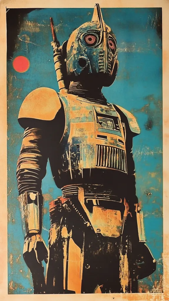 Here's a description of the image:

The poster features a stylized depiction of a droid, possibly from a science fiction film or game.  The droid is rendered in a bold, graphic style with a limited color palette of teal, orange, and black, creating a vintage, almost screen-printed aesthetic.  The droid's helmet is distinctive, with large, circular lenses and a pointed crest.  The body armor displays a mix of textures suggesting wear and weathering.  A single, red sun is visible in the background against a textured, teal sky, adding to the poster's retro feel. The overall impression is gritty, atmospheric and visually striking.