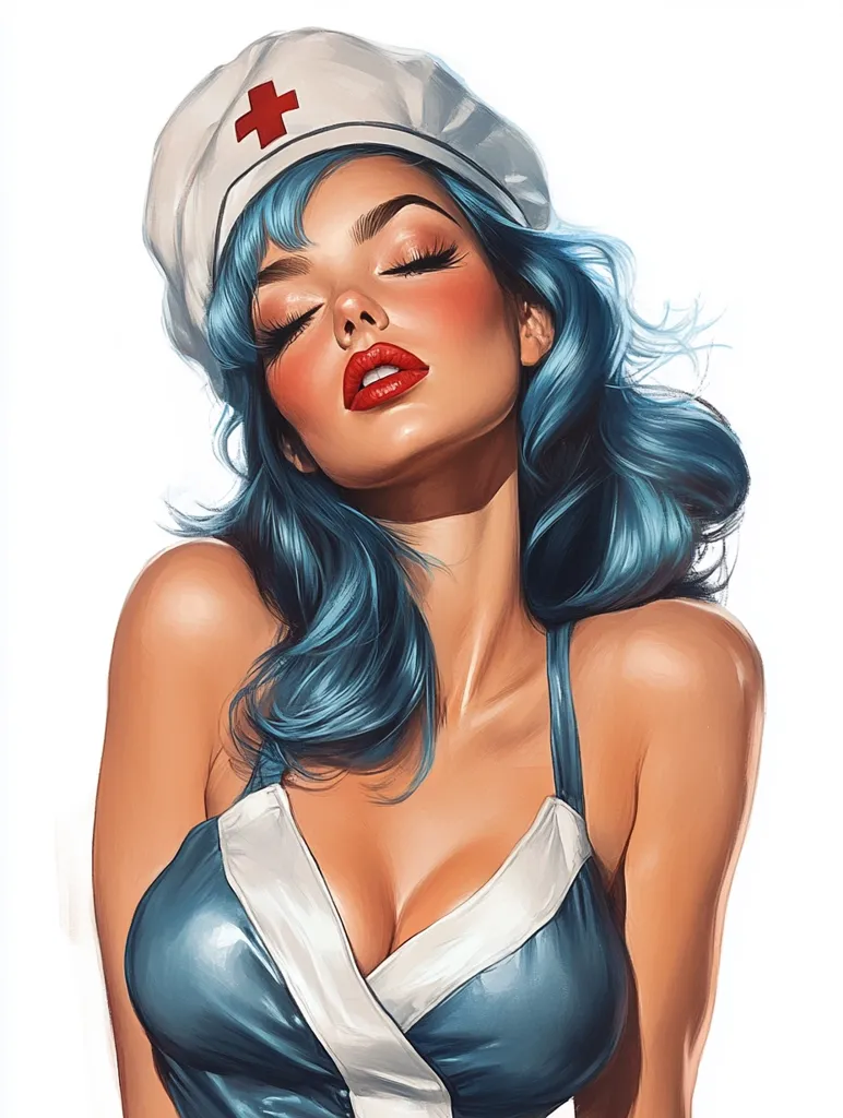 Here's a description of the image:

The illustration showcases a glamorous pin-up style woman, possibly a nurse, with vibrant teal hair cascading around her shoulders. She's wearing a form-fitting teal and white nurse's uniform, complete with a white cap bearing a red cross. Her eyes are closed, and she has a serene expression, accentuated by rosy cheeks and bold red lips. The style is hyperrealistic, with attention to detail in the hair, skin texture, and clothing's sheen. The woman's pose is suggestive, creating a visually appealing and slightly provocative image.  The background is plain white, focusing all attention on the subject.