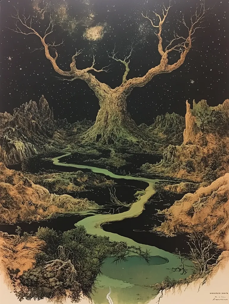 Here is a description of the image:

The artwork depicts a surreal, otherworldly landscape under a starlit night sky. A massive, gnarled tree dominates the center, its branches reaching skyward like skeletal arms. A winding, luminous river snakes through the terrain, which is composed of rocky, textured hills and dark, swampy areas. The color palette is muted, featuring earthy tones of greens, browns, and blacks, creating a mystical and somewhat melancholic atmosphere. The style suggests fantasy or science fiction illustration, with a detailed and intricate rendering of the landscape's textures. The overall impression is one of ancient mystery and solitude.