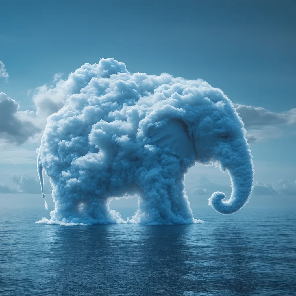 A surreal image depicts a colossal elephant formed entirely of clouds.  The ethereal creature stands in a calm, dark blue ocean under a mostly clear sky with scattered clouds. The cloud-elephant is detailed, with its form clearly resembling that of a real elephant. The overall effect is dreamlike and slightly melancholic, suggesting a sense of wonder and mystery. The ocean reflects the subdued light of the sky.